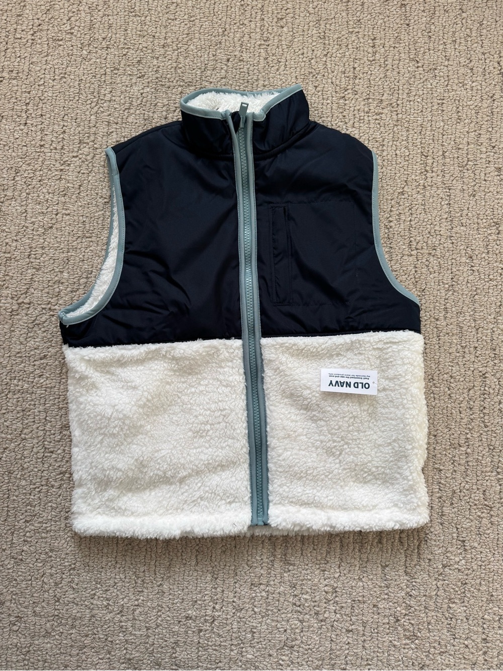 NWT! Old Navy Kids fuzzy vest - Navy and Ivory with Light Blue Trim, M